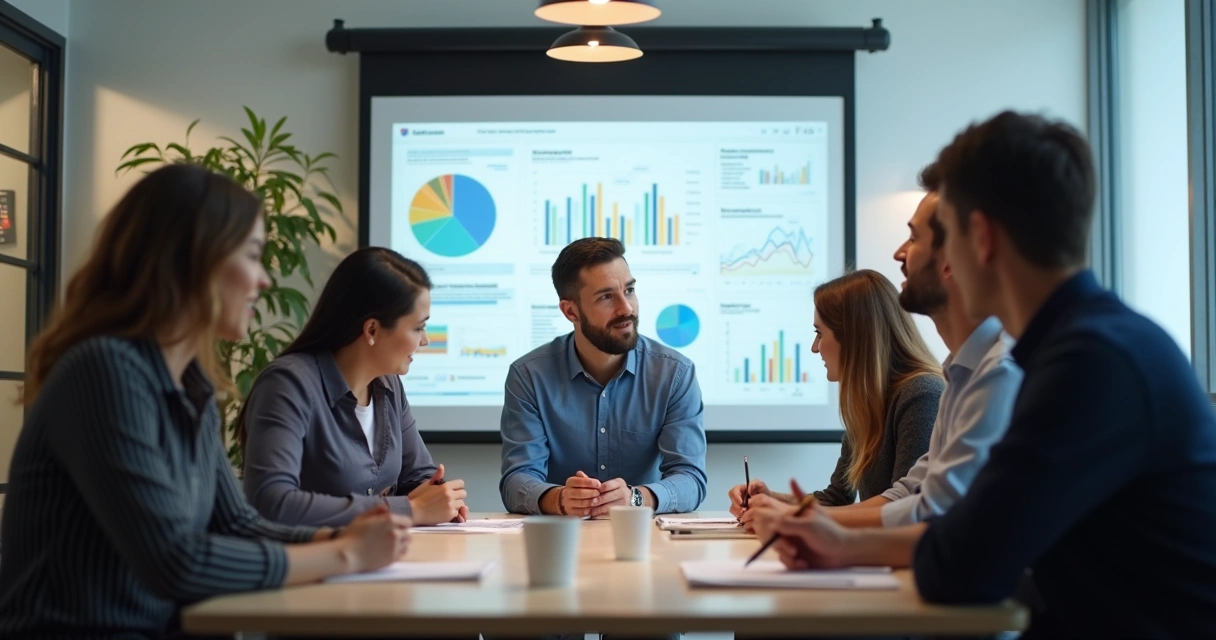 Líder em reunião com equipe analisando feedbacks e gráficos.