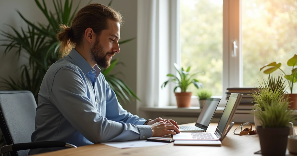 Líder sentado à mesa de trabalho, ambiente iluminado, janela ao fundo, gestos de relaxamento e concentração, objetos de organização pessoal na mesa, cenário de escritório harmonioso 