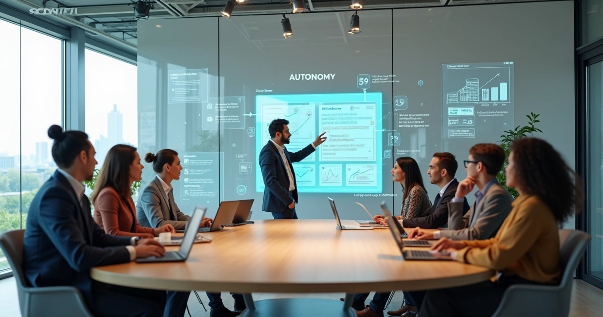 Líder facilitando equipe autogerida em reunião moderna 