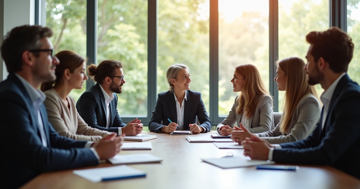 Líder fazendo reunião com equipe em ambiente de trabalho moderno 