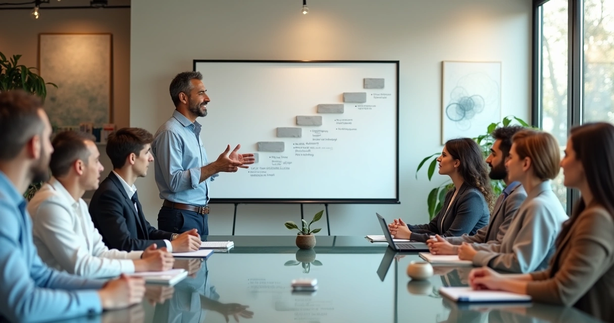 Líder facilitando conversa sobre autonomia emocional com equipe em escritório moderno 