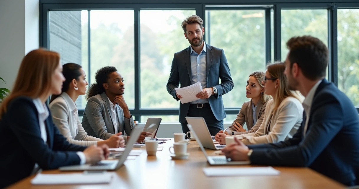 Líder orientando equipe em ambiente corporativo contemporâneo 