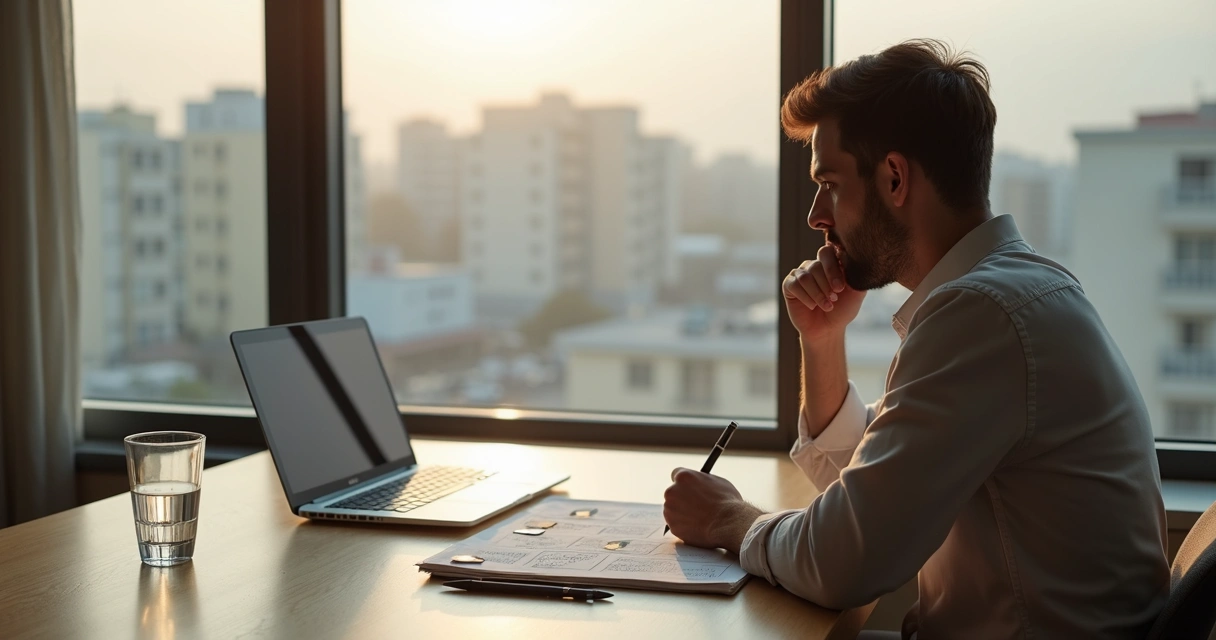Pessoa refletindo diante de janela com luz suave e anotações sobre decisões conscientes 