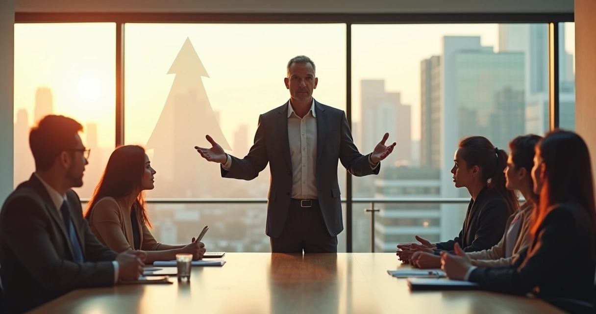 Líder em destaque com grupo ao redor representando autoridade e influência consciente 