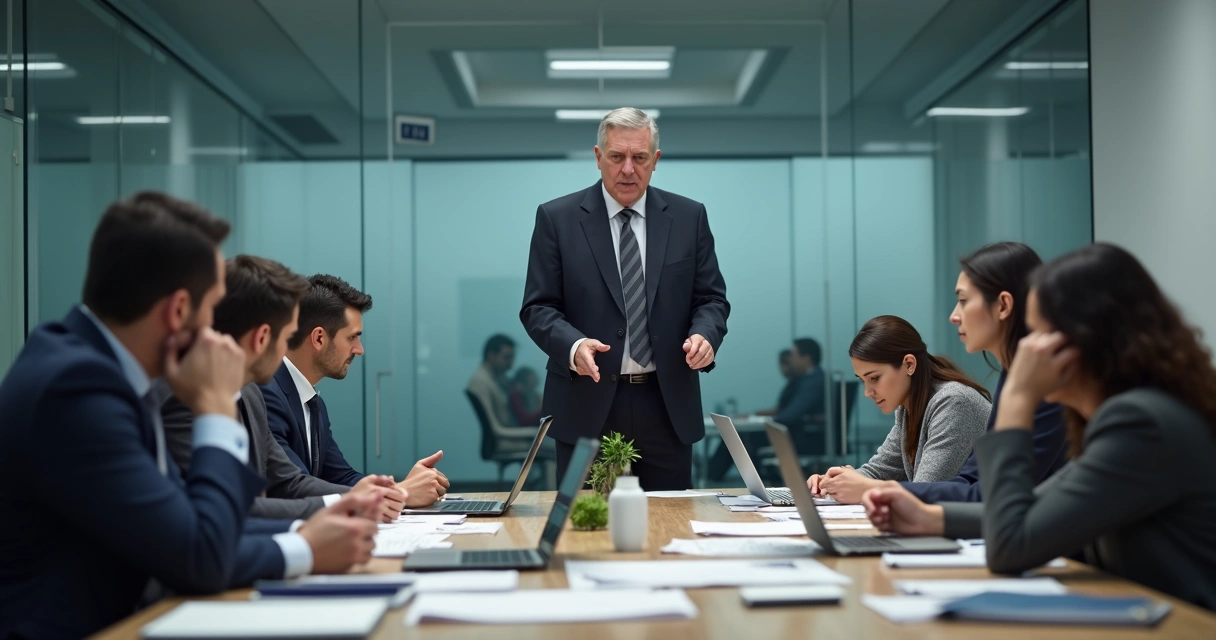 Líder autoritário apontando o dedo para equipe tensa em sala de reunião 