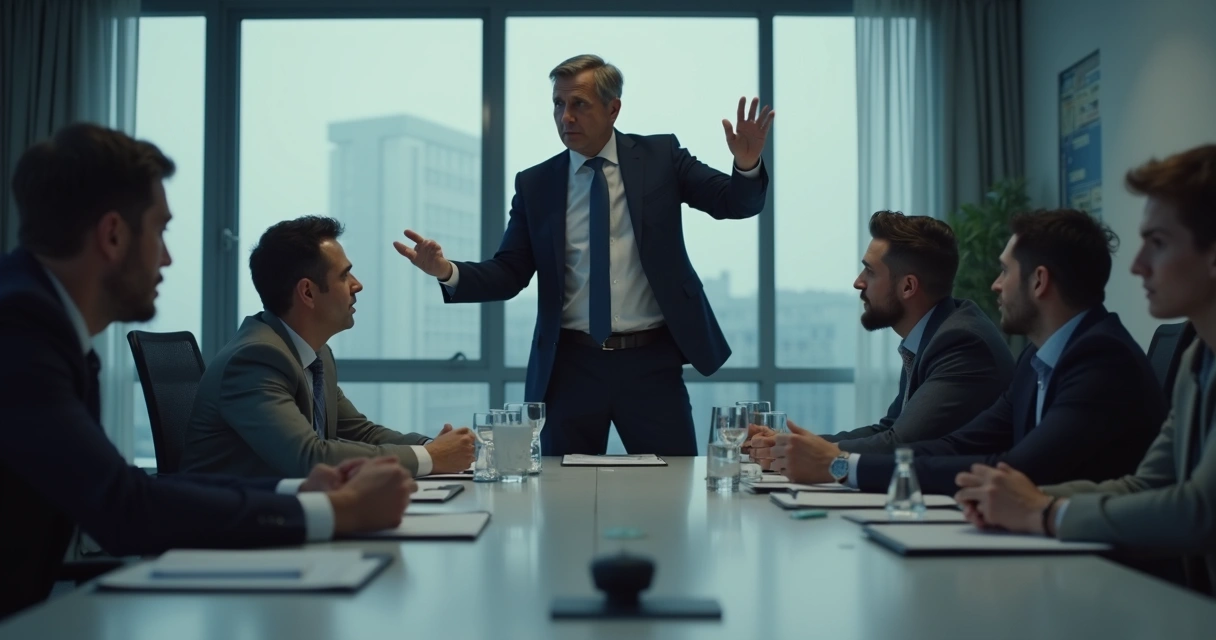 Pessoa em posição de chefe fala alto com grupo reunido em torno da mesa 