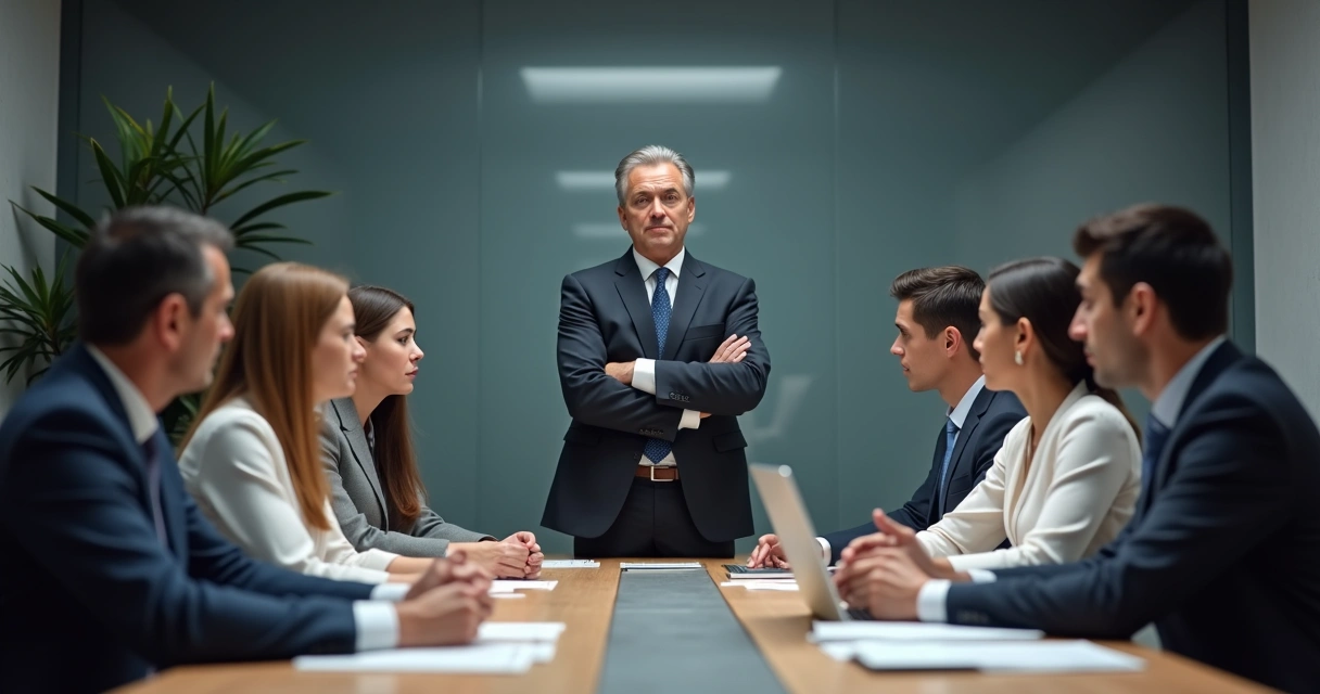 Líder autoritário em sala de reunião com equipe tensa 