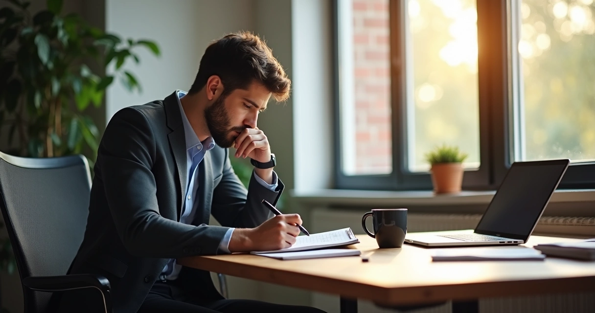 Pessoa sentada em cadeira de escritório, olhando para uma folha de anotações, ambiente iluminado e tranquilo