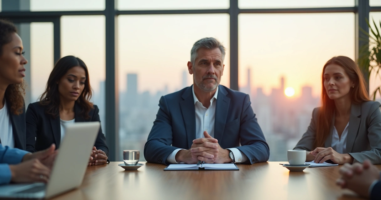 Líder sentado em sala de reunião praticando autorregulação emocional durante conversa com equipe 