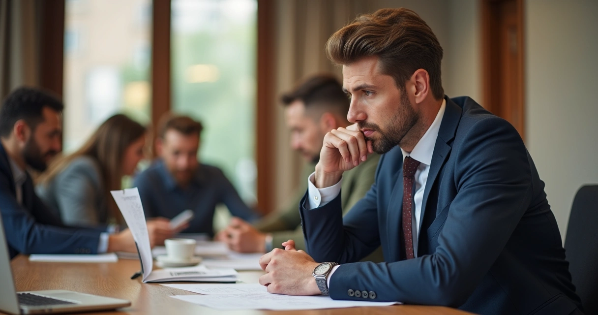 Pessoa sentada à mesa de reunião, olhando papéis pensativa, colegas ao fundo discutindo entre si 