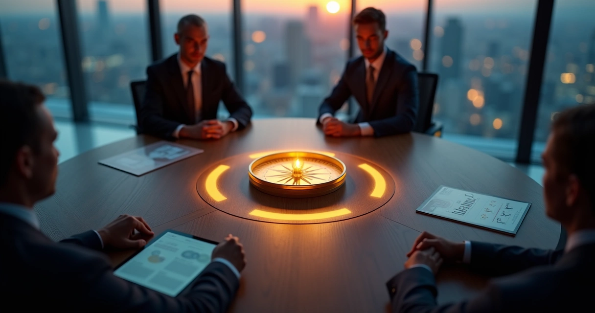 Líder segurando bússola dourada projetando círculo de luz ética sobre mesa de reunião 