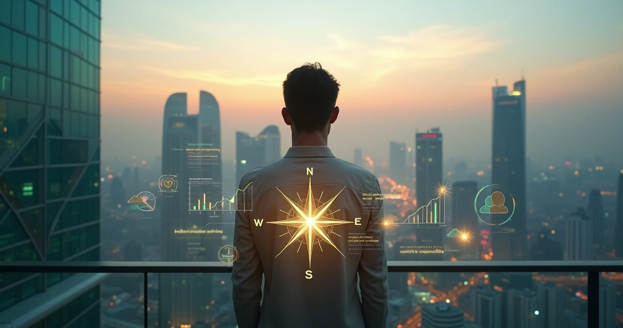 Pessoa em pé segurando bússola luminosa diante de cidade futurista equilibrando lucro e impacto humano 