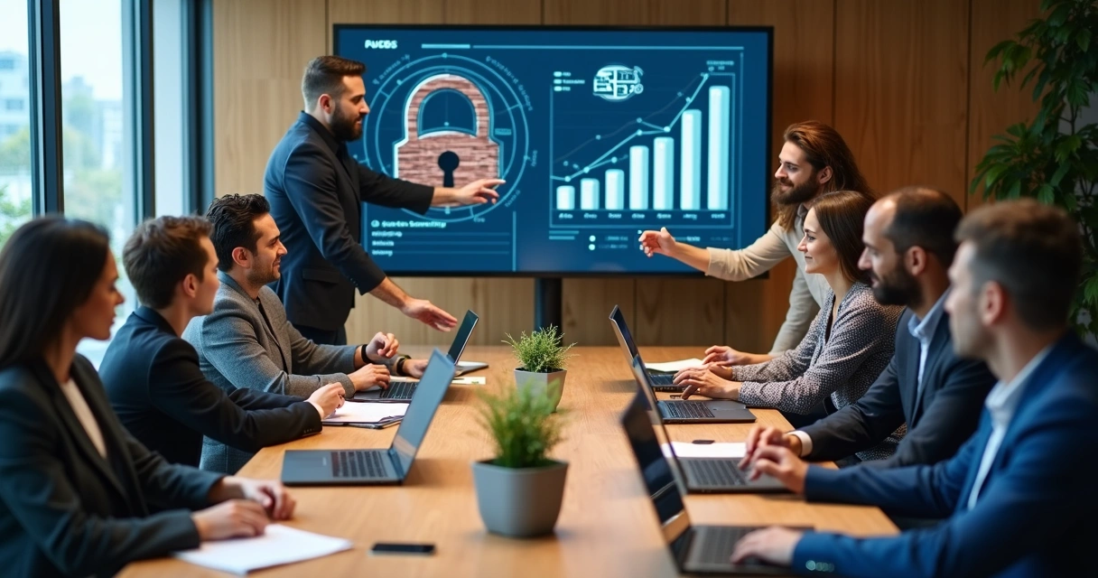 Equipe de tecnologia reunida em mesa discutindo estratégias de segurança 