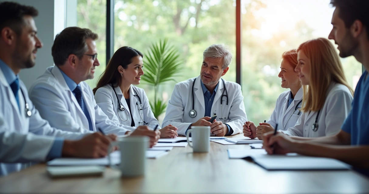 Liderança clínica reunida em mesa discutindo solução de conflito 