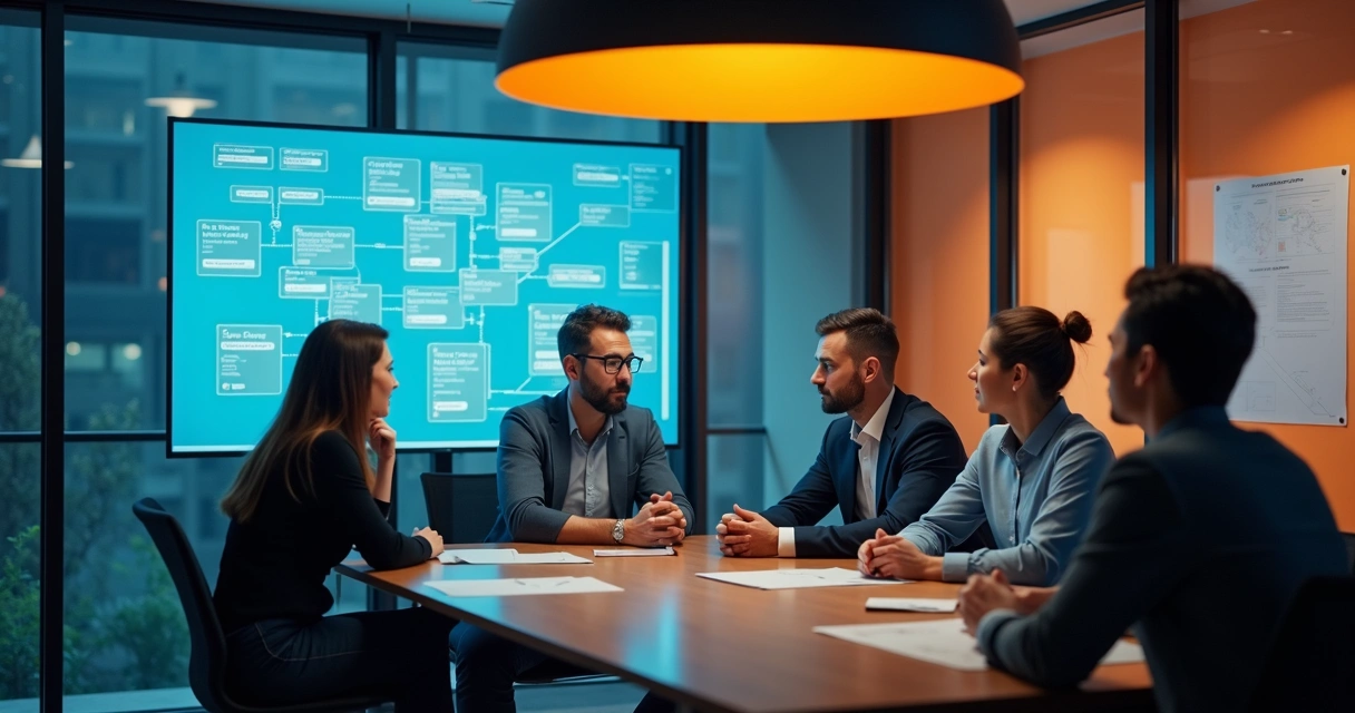 Líder atuando como coach em reunião, escutando e promovendo debate em ambiente moderno 