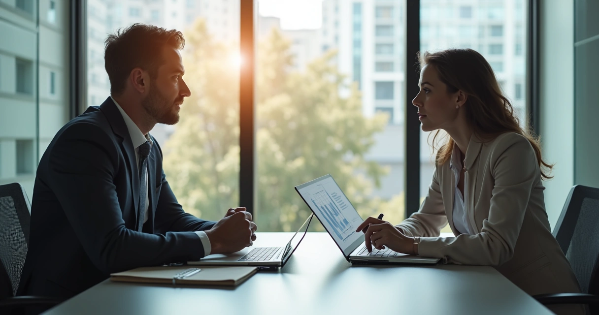 Líder dando feedback para colaborador em ambiente de trabalho 