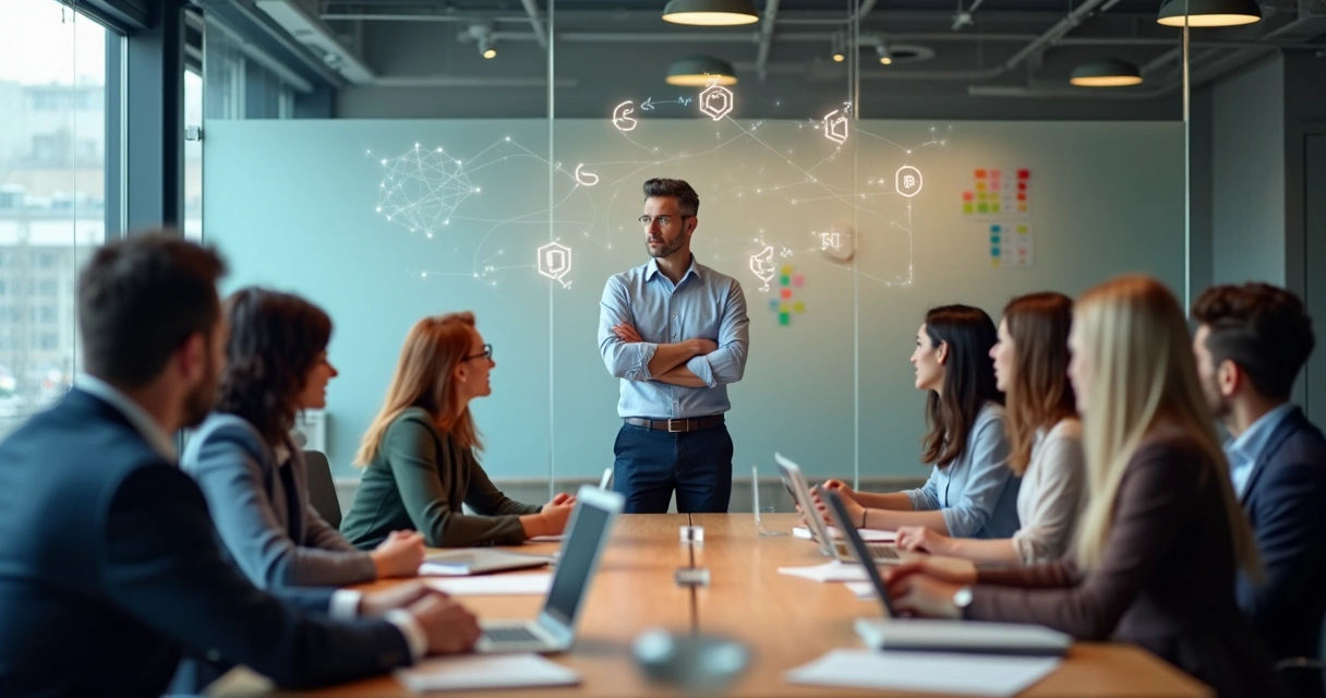 Líder observando equipe em escritório com linhas conectando pessoas e símbolos sutis no ar 