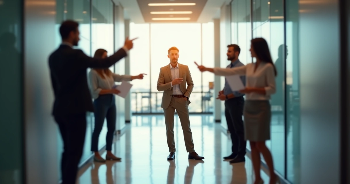 Pessoa em pé no centro de um corredor de pessoas apontando e cobrando e mantendo postura calma e firme 