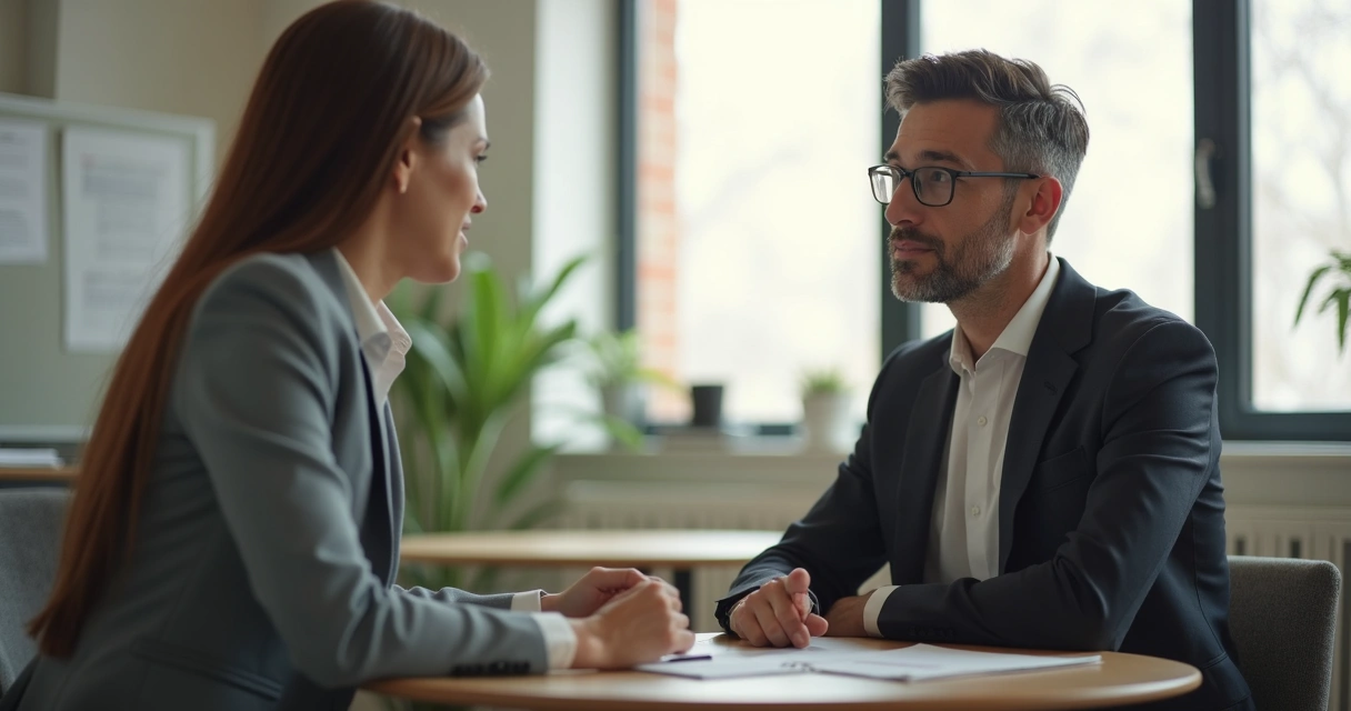Líder conversando com profissional em ambiente corporativo 