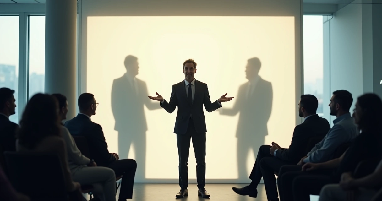 Líder em pé diante da equipe, refletindo valores em reunião 