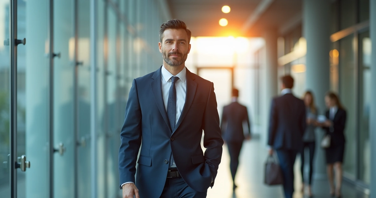 Executivo caminhando com postura confiante numa empresa moderna 