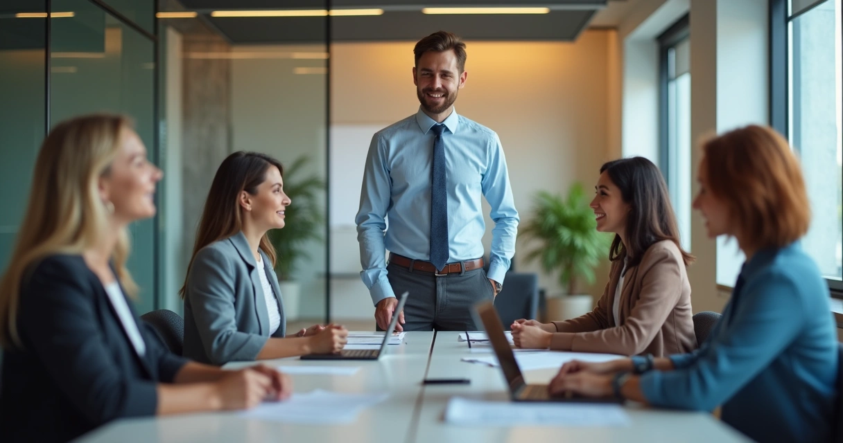 Líder e equipe em ambiente de trabalho com clima de confiança 