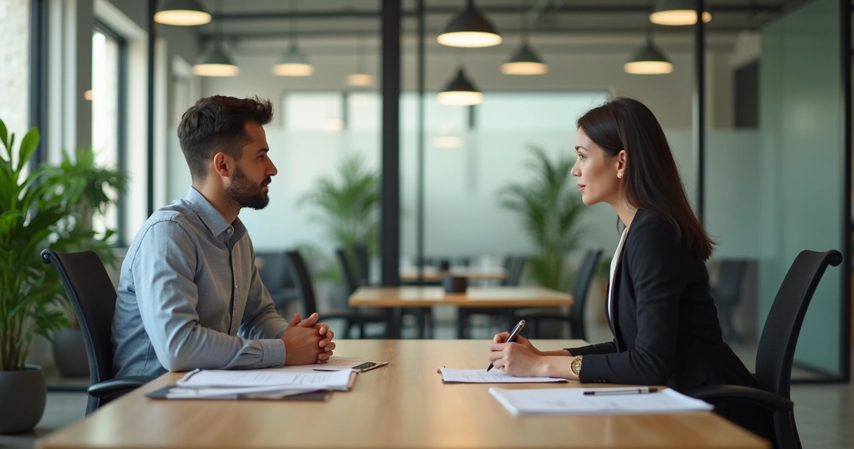 Liderança conversando com colaborador em escritório de forma respeitosa