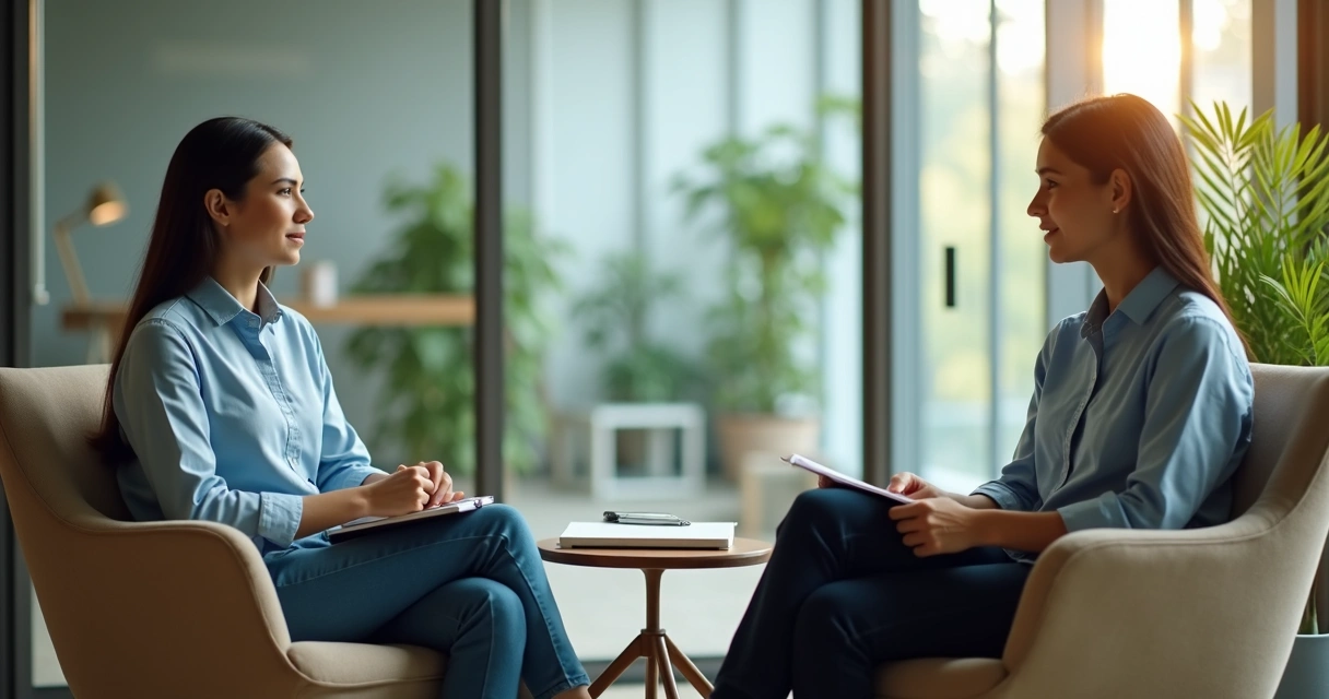 Liderança conversando com colaborador em ambiente de escritório