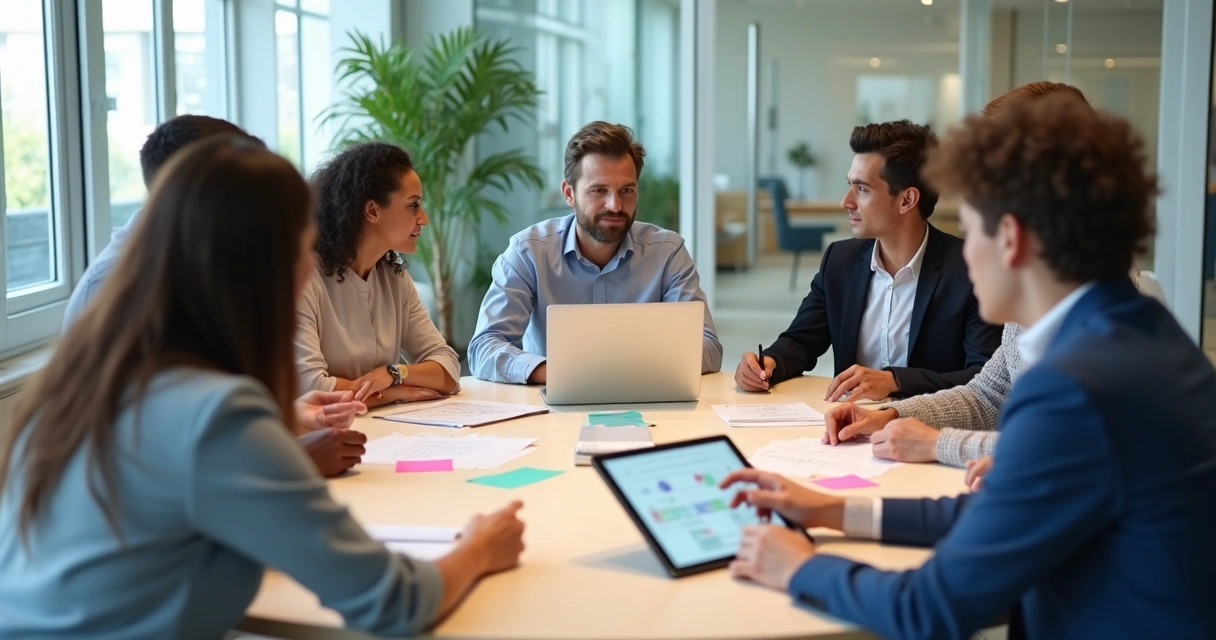 Equipe diversa em mesa redonda colaborando com líder acessível em escritório moderno 