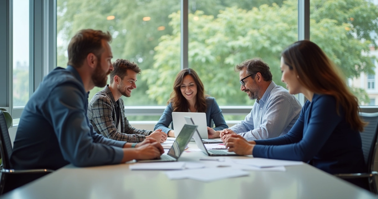 Grupo de pessoas diversas em uma reunião colaborativa ao redor de uma mesa com papéis e laptops. 