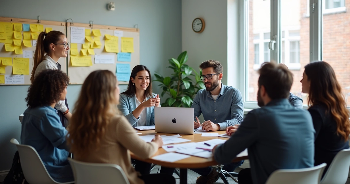 Gestores e colaboradores reunidos em círculo em reunião aberta 