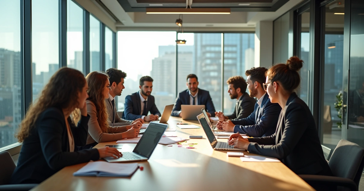 Gestores e equipe em sala de reunião, colaborando em torno de uma mesa, papéis e notebooks abertos, ambiente moderno e iluminado 