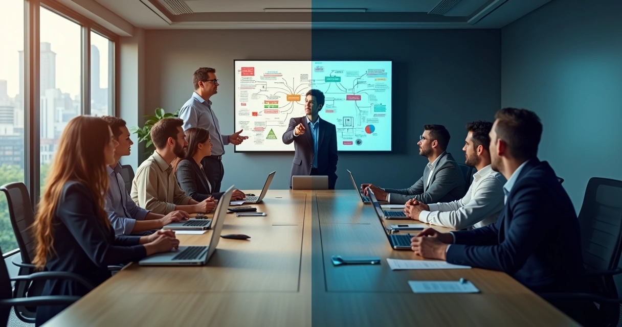 Dois líderes de pé diante de suas equipes, um em postura colaborativa e outro em postura autoritária 