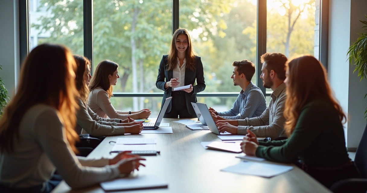 Equipe colaborando em reunião, líder orientando e membros participando de decisão. 