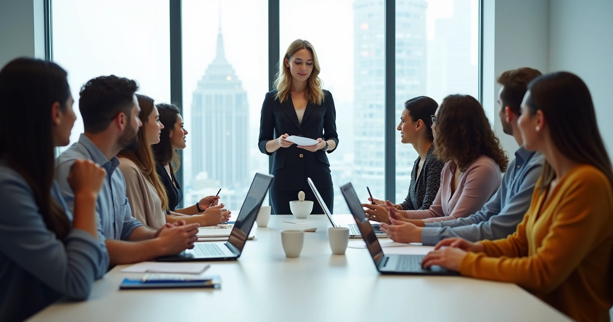 Líder de equipe mediando conversa em reunião de trabalho 