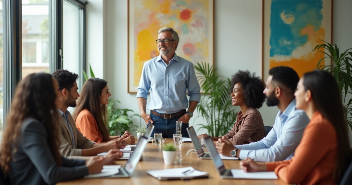 Equipe de trabalho reunida ao redor de gestor, clima harmonioso 