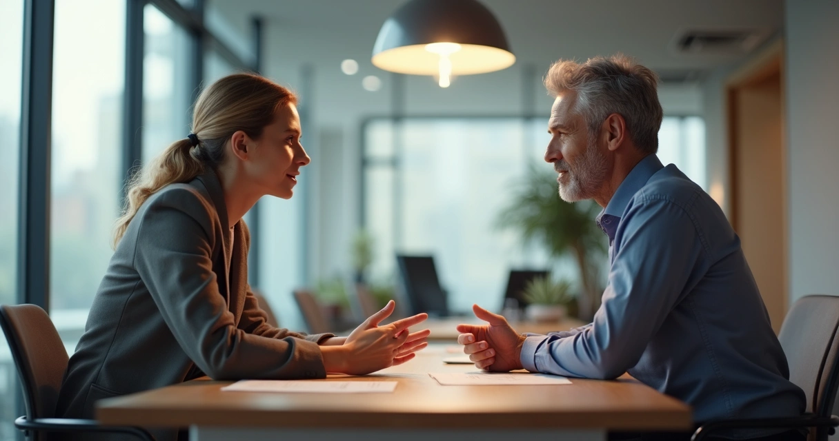 Duas pessoas conversando sentadas em escritório moderno, trocando ideias de forma respeitosa 