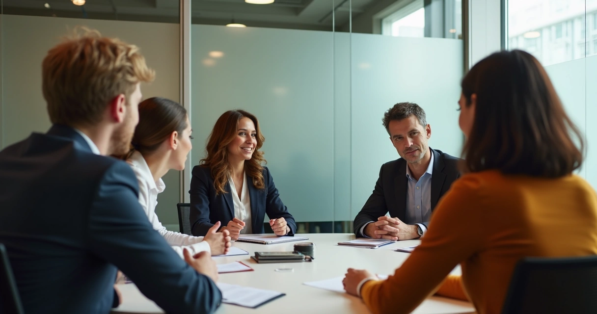Equipe diversa reunida em sala de reunião moderna, com líder escutando atenta aos demais. 