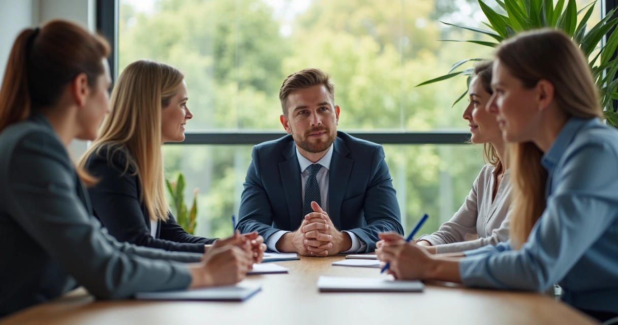 Líder escutando equipe em conversa aberta no escritório 