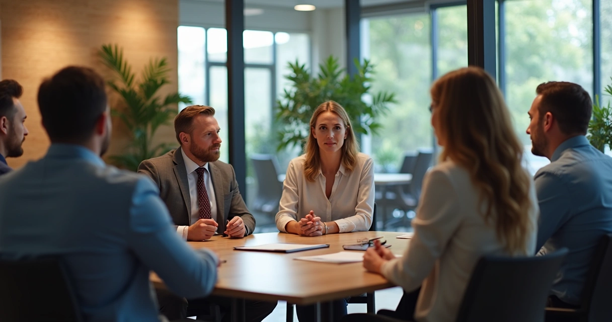 Gestores sentados em círculo praticando escuta ativa em uma reunião corporativa 