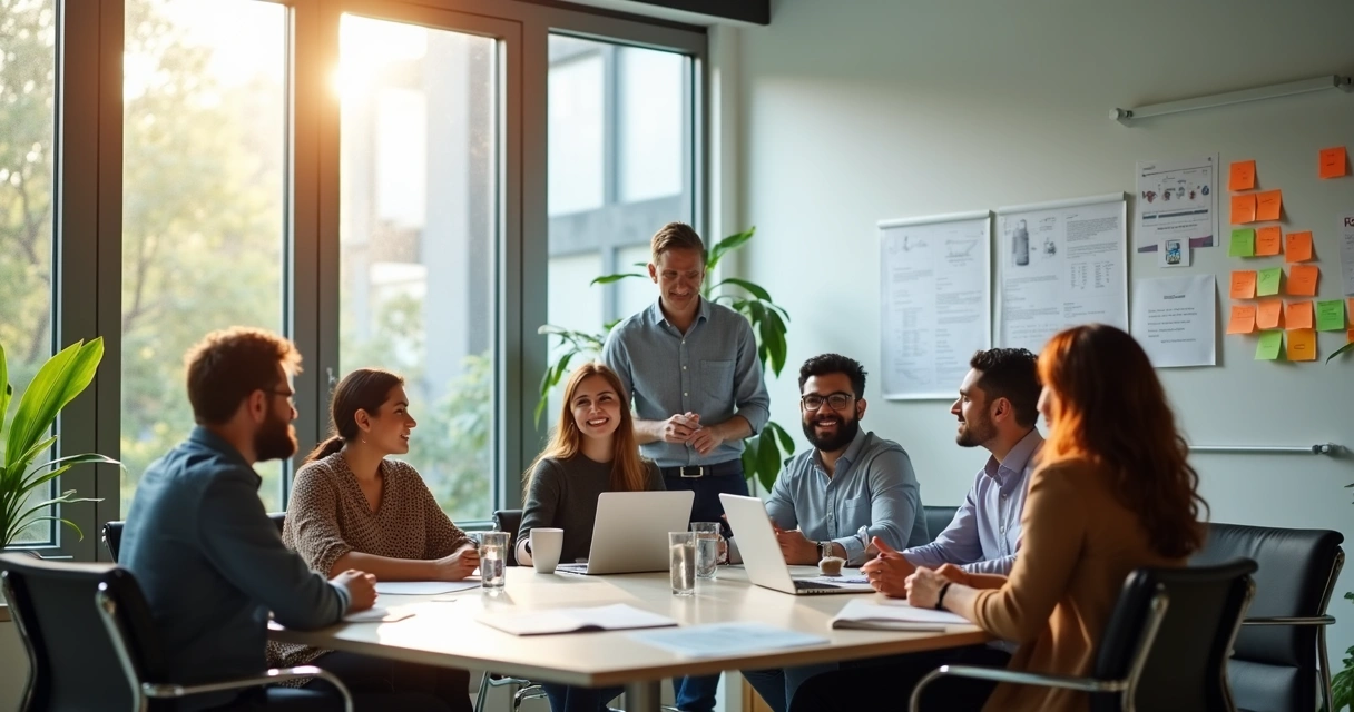 Pessoa liderando uma reunião, ouvindo atentamente os membros da equipe 
