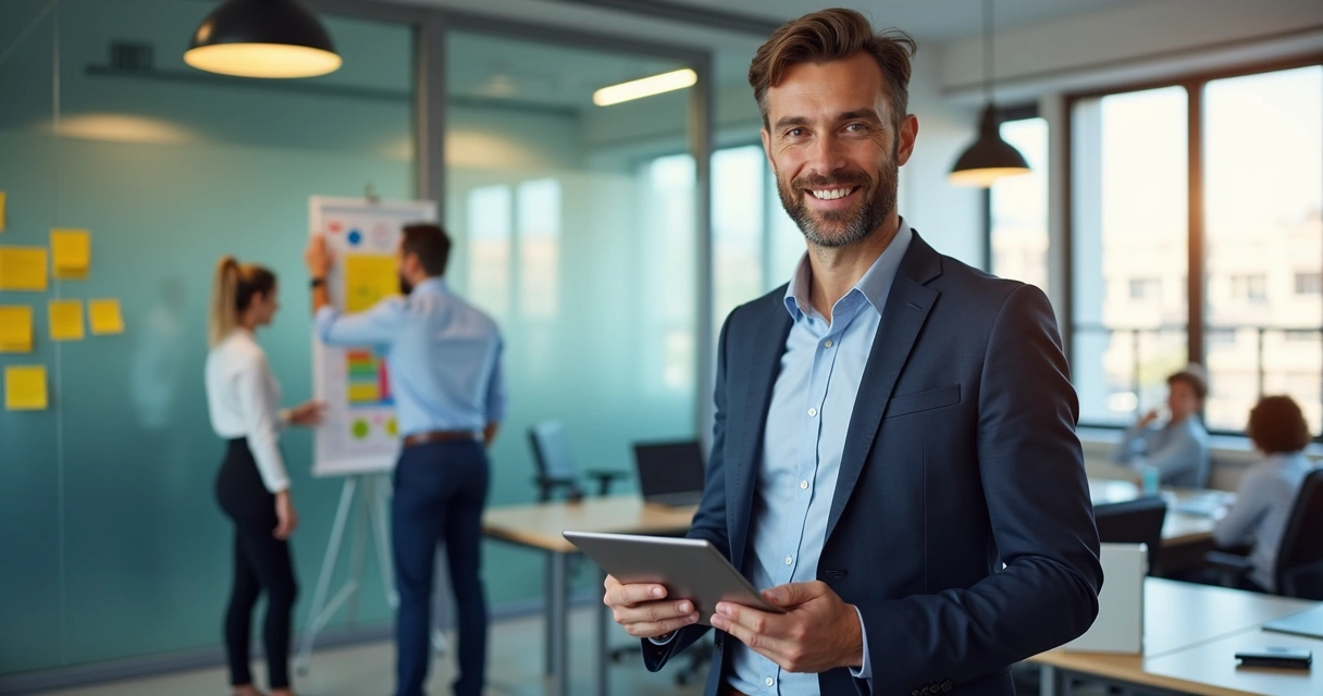 Líder comercial usando tablet com gráficos de vendas