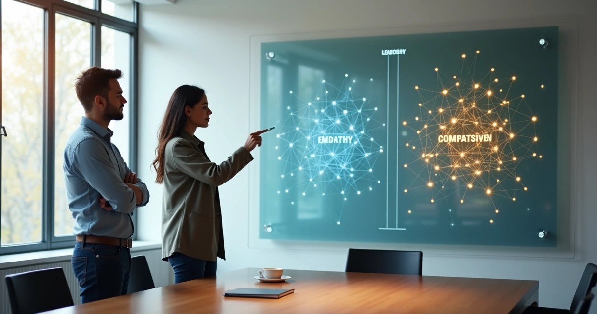 Dois líderes observando mapa com conexões e cores representando empatia e compaixão 