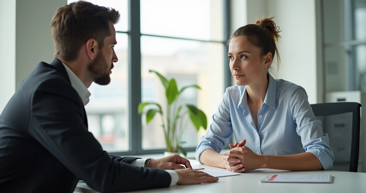 Líder conversa com colega de trabalho mostrando empatia em escritório.