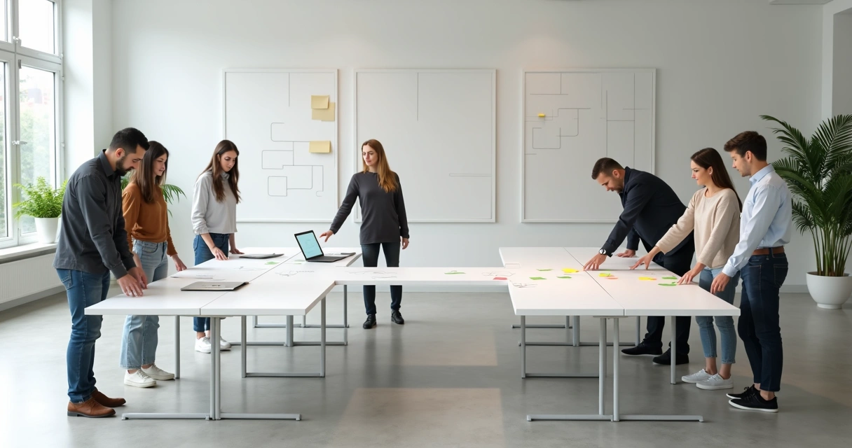 Equipe em pé rearranjando mesas modulares formando símbolo de conexão no escritório 