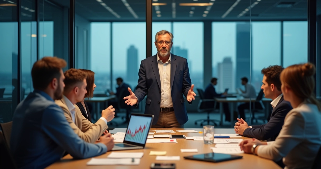 Líder escutando equipe em ambiente de trabalho tenso 