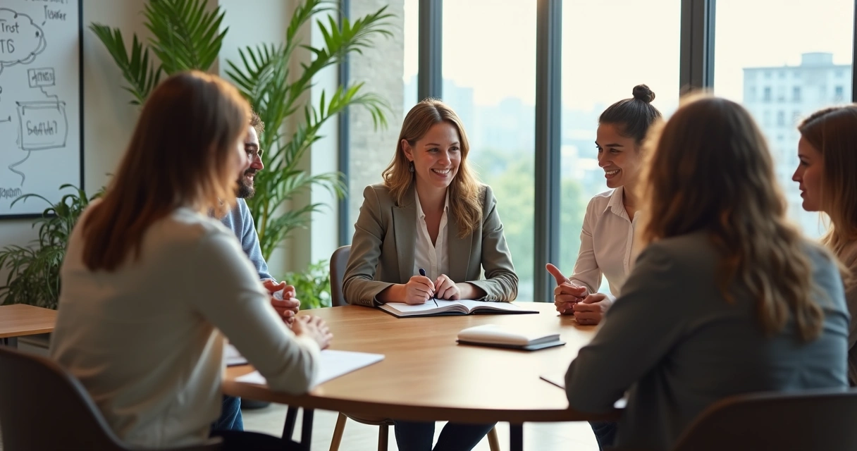 Líder escutando equipe diversa em reunião acolhedora 