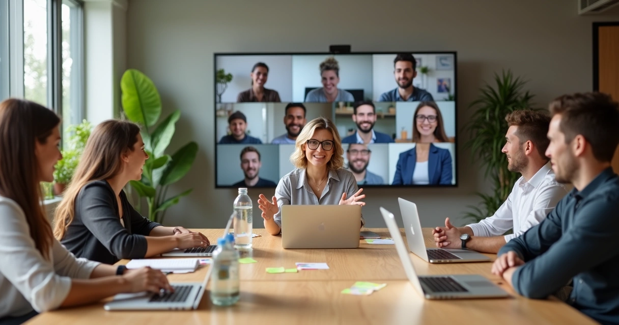 Gestora conduz reunião com equipe híbrida em sala moderna e pessoas em tela gigante ao fundo 
