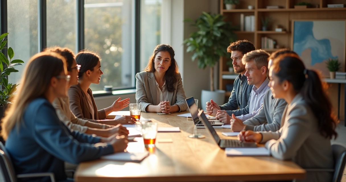 Líder sentado ao redor de mesa com equipe diversa em ambiente de trabalho acolhedor 