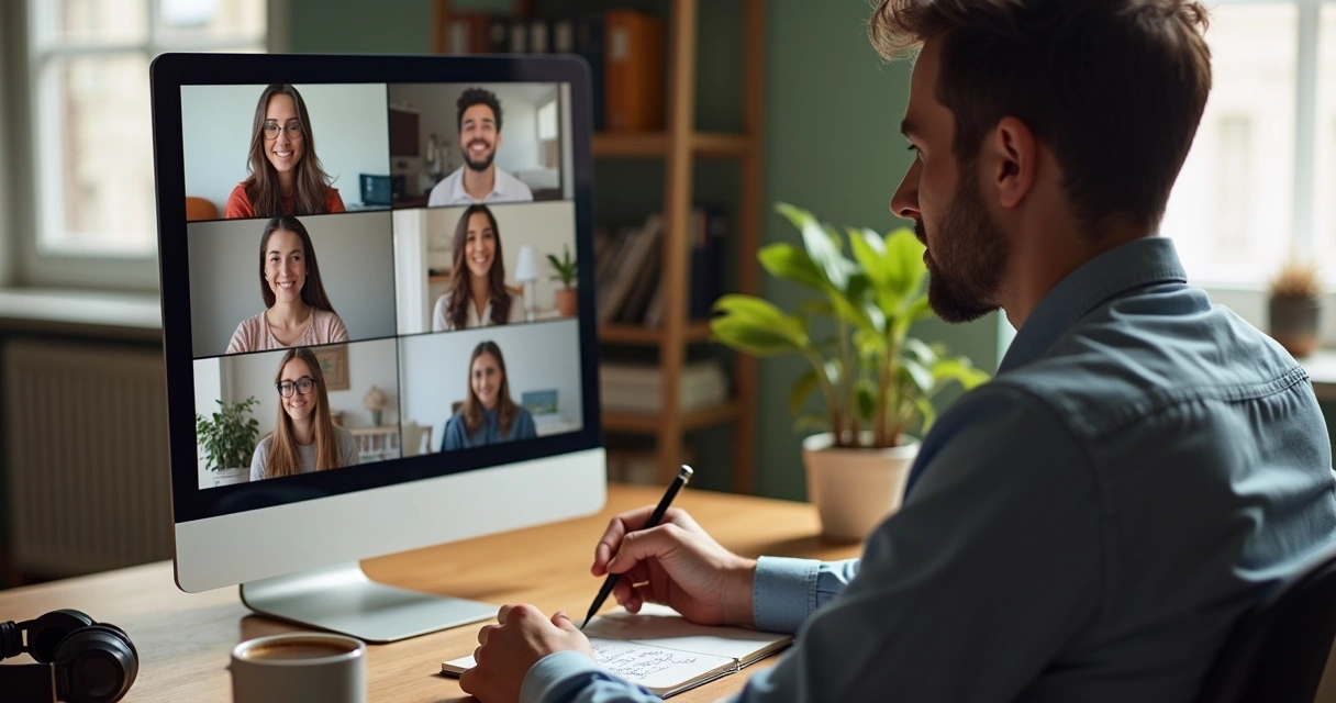 Líder em reunião online com equipe remota em clima acolhedor 